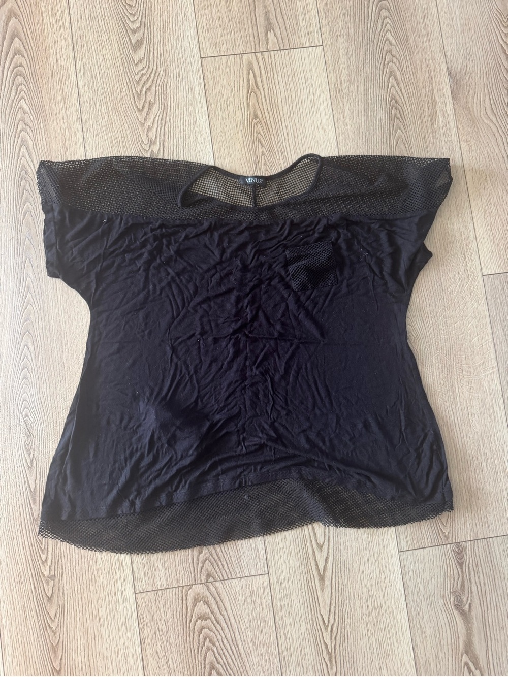 VENUS Black Short Sleeve Top with Mesh Trim